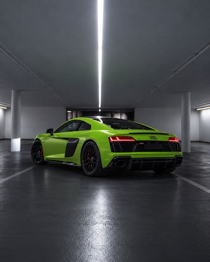 Rear of the matte green Audi R8 V10 with LED tail lights, black diffuser and oval tailpipes