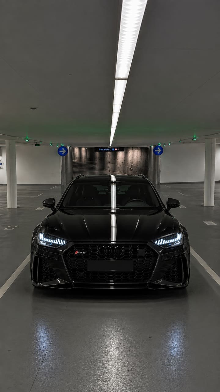 Black Audi RS 6 Avant head-on with its Matrix LED headlights lit in an underground car park
