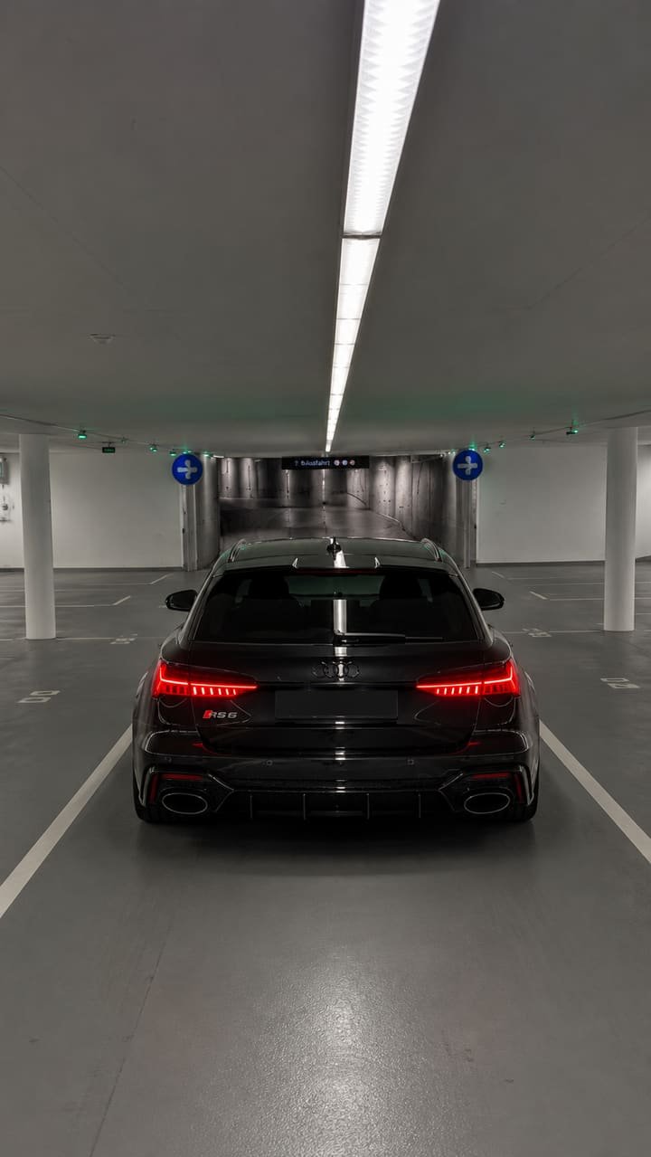 Rear of the black Audi RS 6 Avant with LED tail lights and oval tailpipes